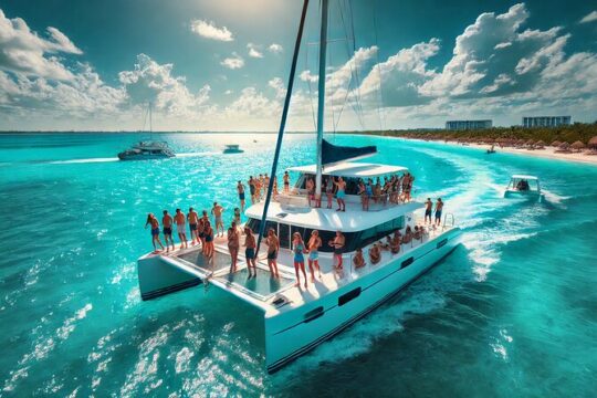 Deluxe Catamaran to Isla Mujeres, with Drinks, Snorkel & Buffet